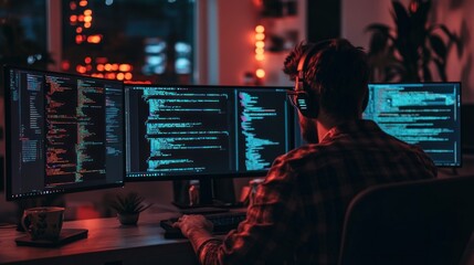 Dedicated software developer immerses in coding on multiple monitors at night