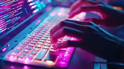 Wall Mural - a close-up of hands typing on a keyboard, with holographic layers of coding languages surrounding th