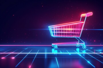 Aufkleber - Digital shopping cart illuminated in neon colors against a futuristic background displaying a grid pattern