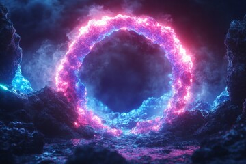 Poster - Vibrant energy portal glowing amidst mysterious rocky landscape at night