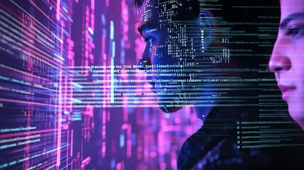 Wall Mural - a coder working on a futuristic holographic interface, with layers of data streams and binary code.