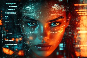 Poster - Digital portrait of a woman with glowing features and data overlay in a futuristic environment