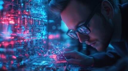 Focused software developer analyzes futuristic quantum computing network interface
