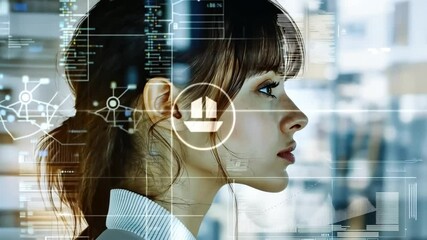 Wall Mural - multiple exposure of a female data scientist analyzing patterns on a screen, layered with graphs and
