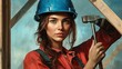 © Hungarian - A female construction worker holding a hammer and wearing a hard hat
