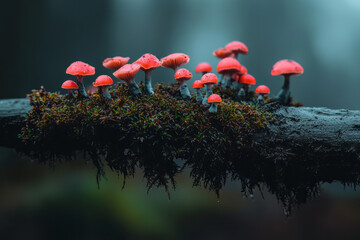 Poster - A macro shot featuring vibrant moss and fungi, highlighting delicate organic textures and patterns,