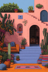 Poster - A vividly detailed illustration of a room bursting with eclectic furniture, lush tropical plants,