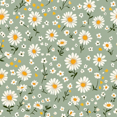 Wall Mural - Cheerful seamless pattern with white daisies and yellow flowers on green background