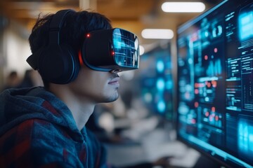 Poster - Person engaged in virtual reality experience in a tech-filled environment with multiple screens displaying data analytics