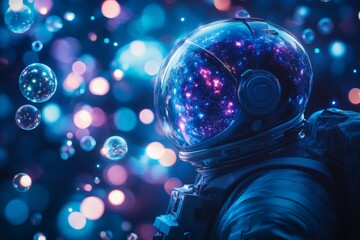 Wall Mural - exploration of the cosmos with a reflective space helmet surrounded by colorful bubbles at an imagin