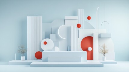 Wall Mural - abstract 3d geometric shapes composition in light blue and white with red accents, minimalist design