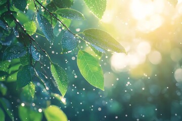 Fototapete - Dew-kissed leaves glistening in sunlight create a refreshing atmosphere in a serene forest setting