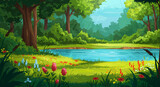 A cartoon landscape with a lake and colorful flowers