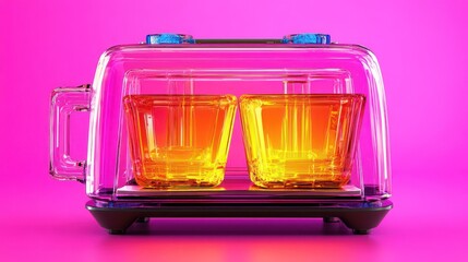 Wall Mural - two golden liquids inside a transparent toaster on pink background