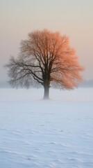 Wall Mural - solitary tree in a snow-covered field at sunrise, half its branches are illuminated by warm light