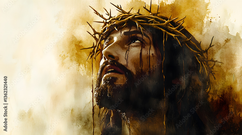 Jesus christ wearing crown of thorns in watercolor painting Stock ...