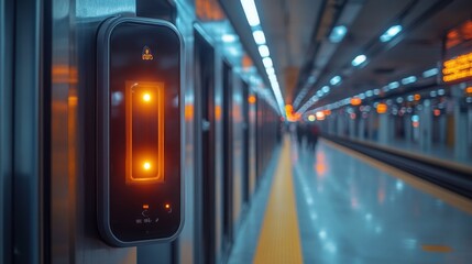 Aufkleber - Brightly lit train platform features a signaling device, guiding passengers at an urban transit hub during peak commuting hours in the evening.