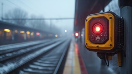 Aufkleber - A red warning light signals at a train station platform during low visibility conditions, indicating an active monitoring system for safety and inspection.