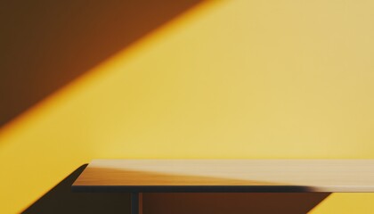 Aufkleber - Empty Light Wood Table Against a Yellow Wall with Sunlight Shadow