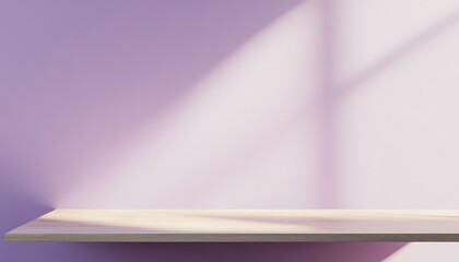 Poster - Empty Wooden Shelf Against a Pastel Purple Wall with Sunlight Shadows