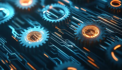Fototapete - Glowing Metallic Gears on a Blue Circuit Board