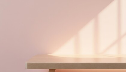 Aufkleber - Light Pink Wall and Wooden Table with Sunlight Shadow