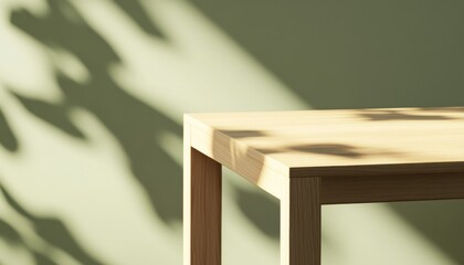 Aufkleber - Light Wooden Table with Leaf Shadows on Green Wall