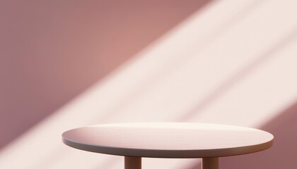Aufkleber - Round Wooden Table Against Pastel Pink Wall with Sunlight
