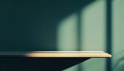 Poster - Simple Wooden Shelf Against Teal Wall With Sunlight And Shadows
