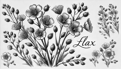 Fototapete - Detailed sketch of flax flowers with delicate petals and intricate buds shown in a botanical design on a light background