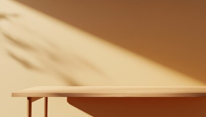 Aufkleber - Warm Minimalist Wooden Tabletop Display with Sunlight Shadows on Beige Wall