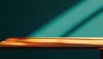 Aufkleber - Warm Sunlight on Wooden Table Against Teal Wall