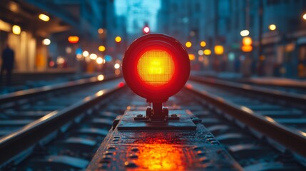Aufkleber - Bright traffic signal stands on railway tracks, illuminating the wet ground while city buildings emerge in the background during early morning, suggesting a busy urban environment.