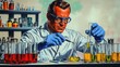 © TiMUCNA - Man in lab coat and glasses holding a test tube in a vintage comic style of a mad scientist at work