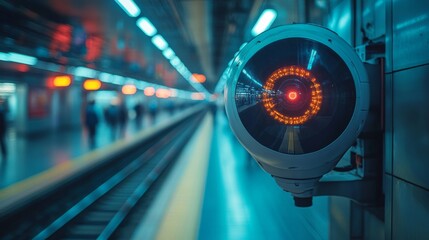 Poster - A surveillance camera is positioned strategically in a busy subway station, overseeing commuters as they navigate through the bustling environment during rush hour.
