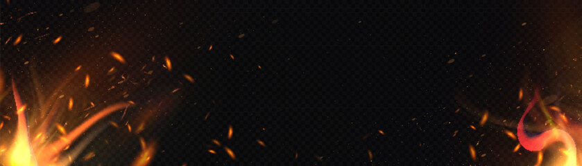 Aufkleber - Realistic fire flames with flickering sparks and smoke on a dark background. Perfect for visual effects, burning scenes, explosions or fantasy magic projects.