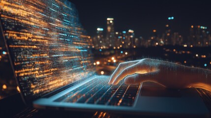 Futuristic digital hand interacts with glowing code on laptop screen against a city night backdrop.  Abstract technology concept.