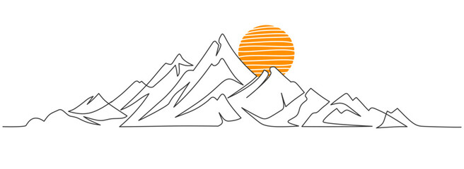 Artistic mountain range landscape background. Simple one line drawing of mountains and sun