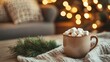 © iLada - Cozy Cocoa with Marshmallows in a Mug Near a Christmas Tree with Warm Bokeh Lights and Pine Branches on a Knit Blanket for a Festive Mood