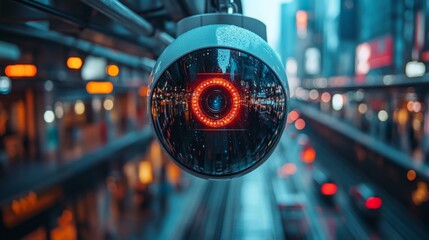 Aufkleber - Automated surveillance cameras monitor bustling city traffic and pedestrian movement for enhanced security and efficient transportation management during early evening hours.