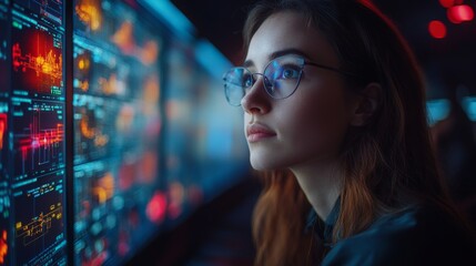Poster - A technician is focused on analyzing real time logistics and transportation data displayed on multiple screens in a modern control room filled with automation tools and surveillance systems.