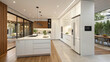 © Sabahat - Modern Kitchen Interior with Sleek Counters and Stylish Fridge on White Background