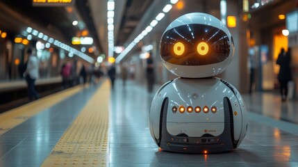 Leinwandbilder - A robot stands at an urban transit station, assisting with logistics and security while monitoring passenger activity during peak travel times.