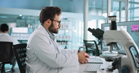Aufkleber - Microscope, science and man with tablet in laboratory for DNA research, study or project. Biotechnology, RNA and male biologist working on pharmaceutical innovation with medical analysis.Computer