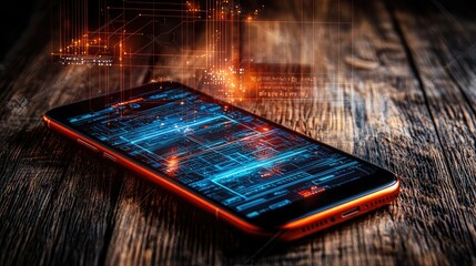 Wall Mural - digital technology: smartphone displaying futuristic interface on wooden surface