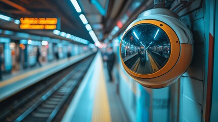 Aufkleber - Surveillance camera installed at a subway platform captures commuter activity while trains arrive and depart, ensuring safety and operational efficiency in the transit system.