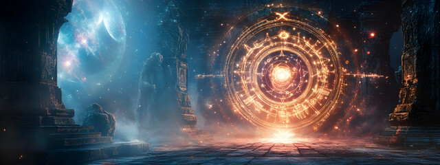 Wall Mural - zodiac symbols and mystical temple backdrop for astrology and magic themes -
