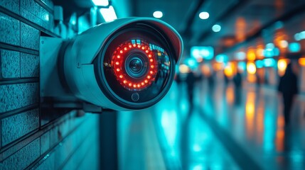 Poster - High tech surveillance camera equipped with LED lights is actively monitoring a busy transportation hub. This setup ensures safety and efficient inspection of pedestrian activity.