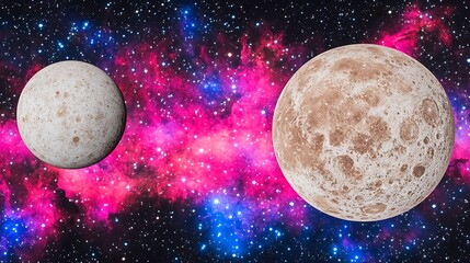 Two planets float in space before a bright galaxy