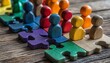 © Itsaree  - Wooden figures in diverse colors connecting on jigsaw pieces, visualizing teamwork and HR strategies for inclusive workplace cultures, highquality, detailed digital artwork